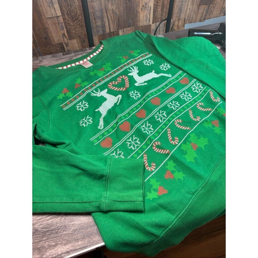 Holiday Time Ugly Christmas Sweatshirt – Green Reindeer Candy Cane Heart – Size